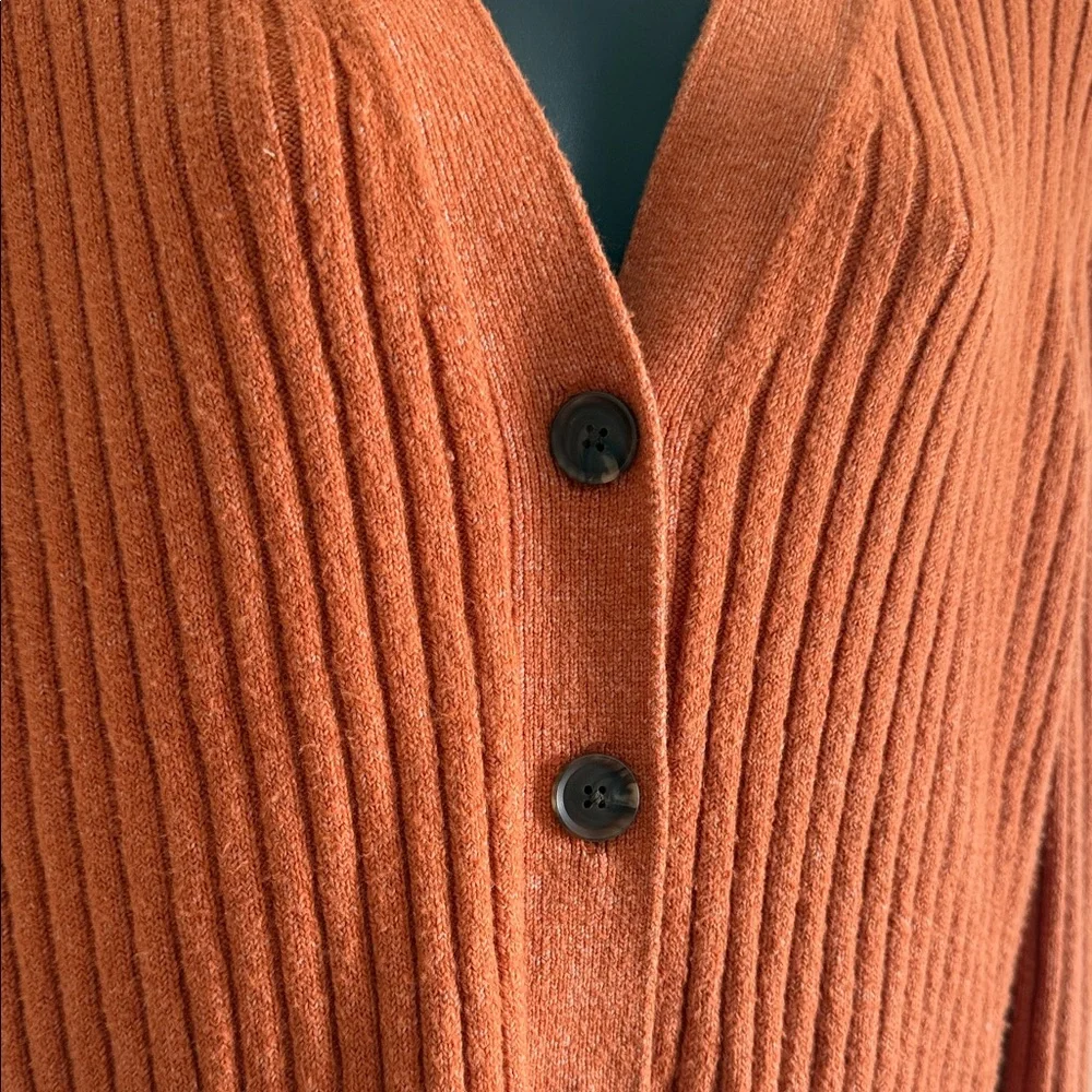 LOFT Ribbed Button-Front Cardigan in Rust Orange - Picture 2 of 4